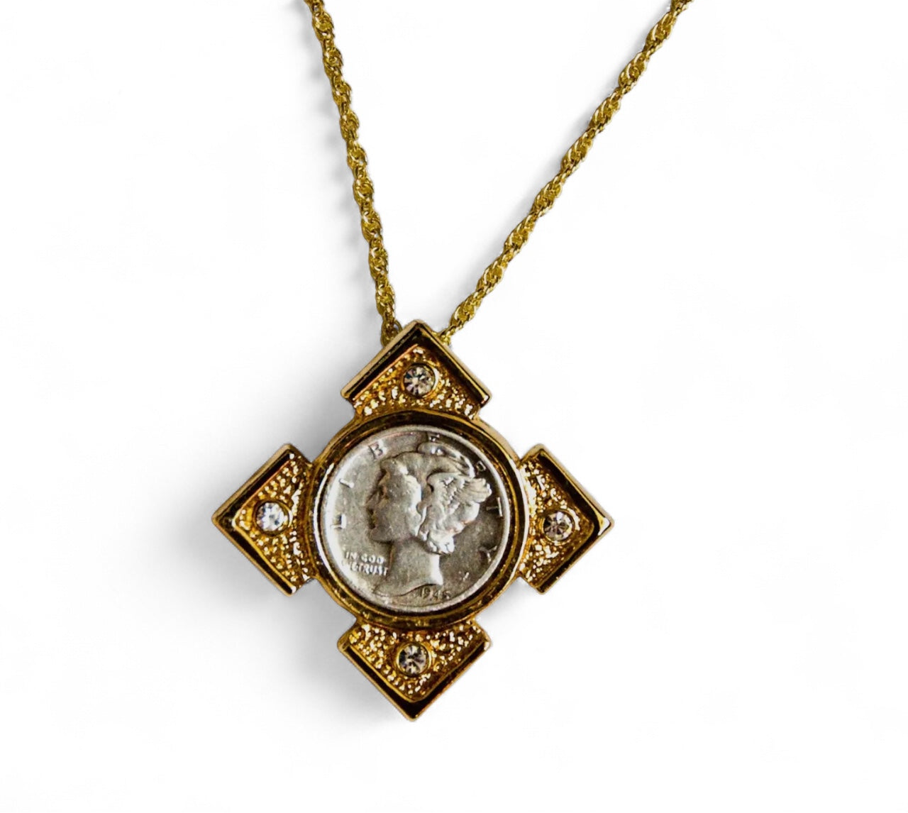 Mercury Dime Goldtone Art Deco Style 
Coin Pendant