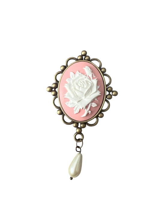 Pink Cameo Rose Brooch with Pearl